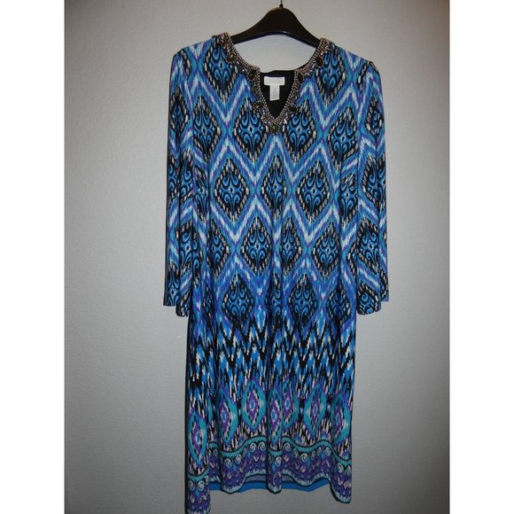Women's Dress Size L/12, Blue pattern with Beaded embellishments, Chico's Brand - Picture 4 of 5